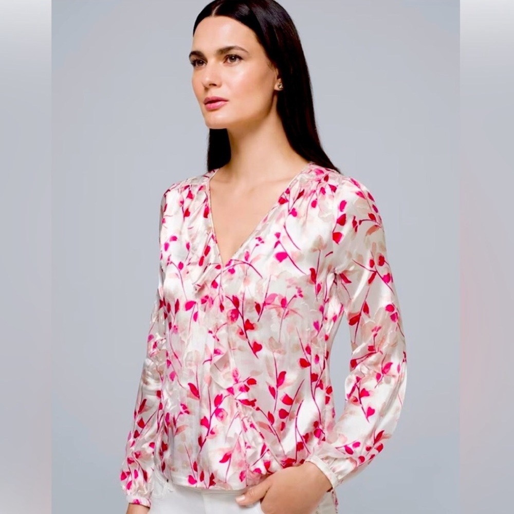 White House Black Market Pink Floral V-Neck Blouse